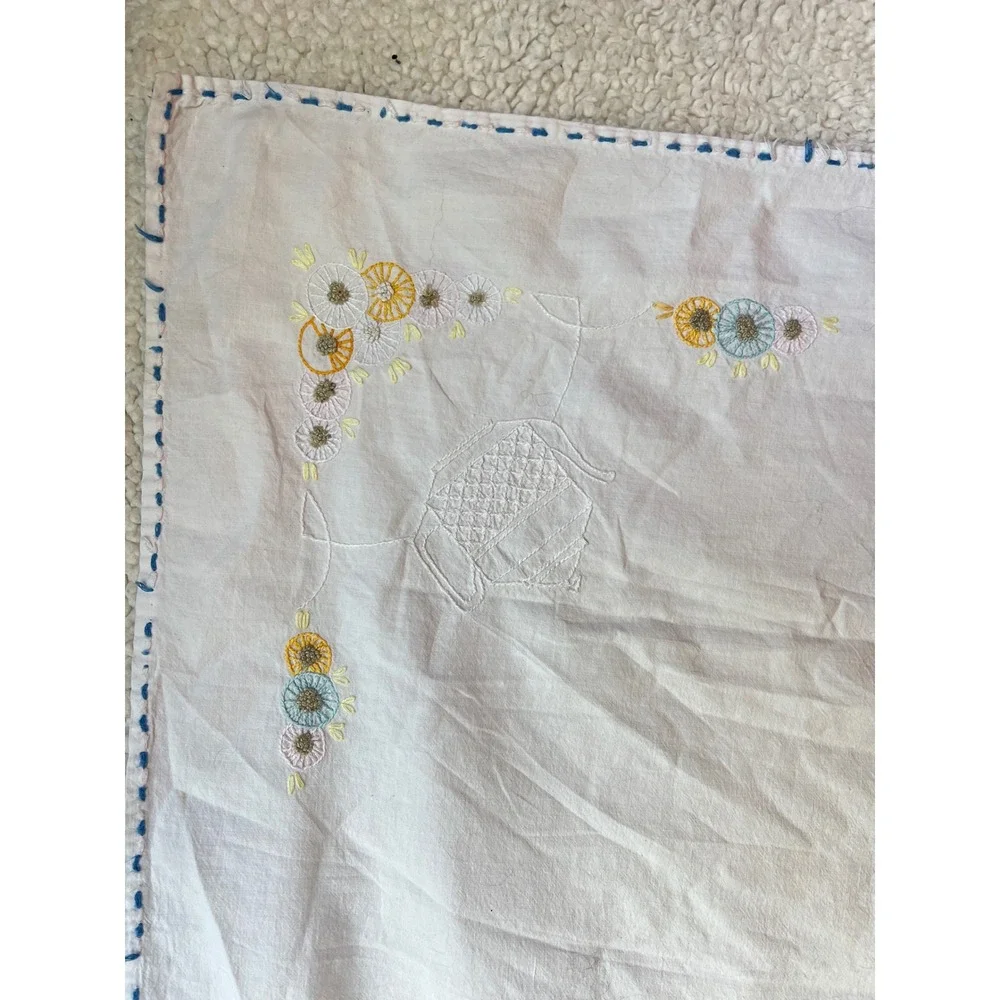 Vintage Hand Embroidered White Square Tea Tablecloth Floral Teapot 32x32